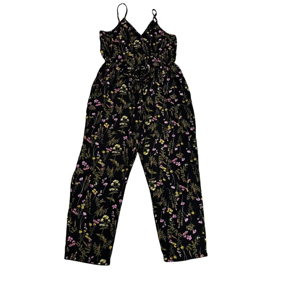 Floral Print Black Jumpsuit Adjustable Straps & Elastic Waistband Size M Zeagoo